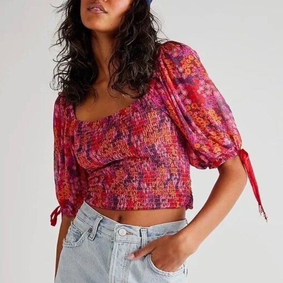 Free People Tops - Free People Back On Top Crop Top Multi Floral Smocked Puff Sleeve NWT XS $98